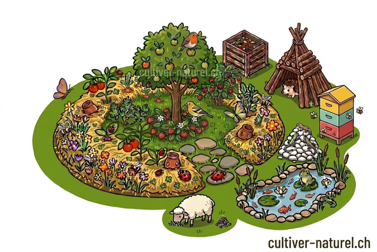 Illustration d'un potager-écosystème en permaculture avec butte, fleurs mélifères, ollas, compost, tas de bois et mare